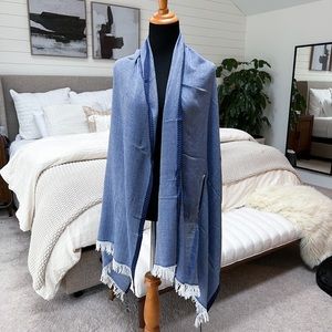 J. Crew Blue White Fringed Poncho Shawl Cape Scarf
